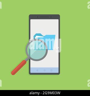 Phone with folder search and magnifying glass. Touchscreen device with different folders. Stock Vector