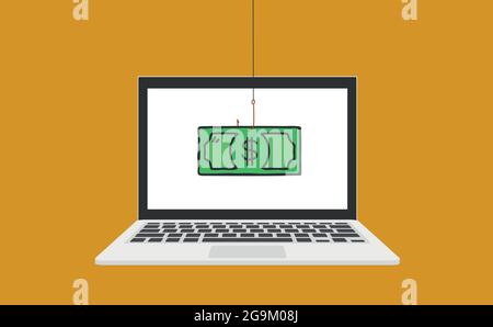 Hacker stealing money, personal information as passwords from a laptop useful for anti phishing and internet viruses. Stock Vector
