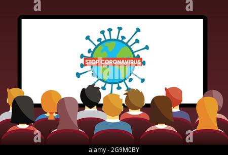 People watching STOP covid 19 presentation online. Coronavirus concept Stock Vector