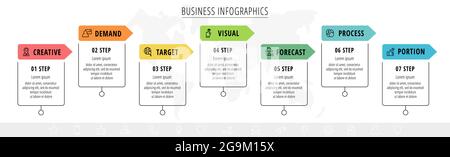 Vector infographic square label, template design. Business concept, Infograph with arrows seven options, step. Line infographics element for layout pr Stock Vector