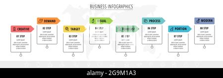 Vector infographic square label, template design. Business concept, Infograph with arrows eight options, step. Line infographics element for layout pr Stock Vector