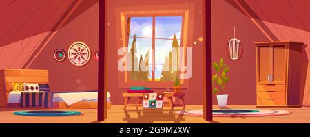 Boho attic bedroom interior with nature view. Stock Vector