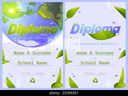 School diploma, save the planet certificate frame Stock Vector