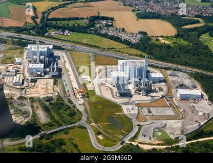 An aerial view of the new waste burning Power station, Ferrybridge, West Yorkshire, northern England, UK which replaces the old coal fired station Stock Photo