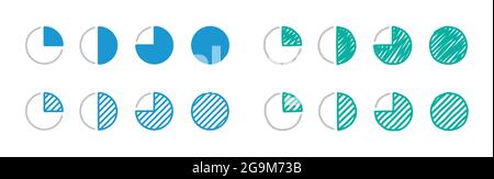 Quarters to show the progress of work on dark background, icon set Stock Vector