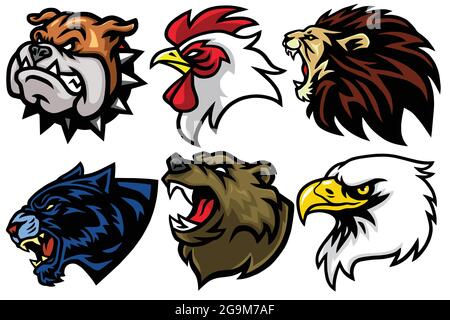 Wild Animals Head Set. Lion, Bear, Eagle, Jaguar, Rooster, Bulldog Vector Esport Mascot Logo Design Icon Avatar Illustration Stock Vector
