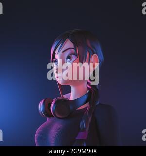 girl portrait with headphones and neon lighting. 3d render stylized character Stock Photo