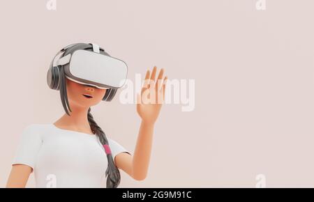 close-up of a girl with VR glasses and raised hand with funny face in concept of technology and gaming. 3d render stylized character Stock Photo