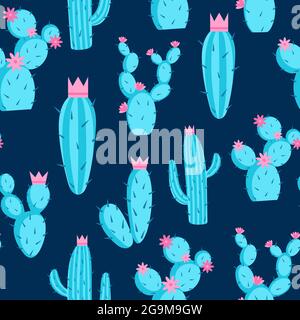 Pattern azure cacti, vector illustration. Stock Vector