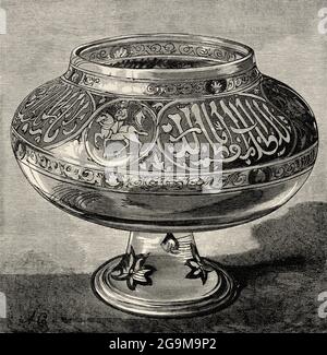 Antique Arabic enameled glass vase, Egypt, North Africa. Old 19th century engraved illustration from El Mundo Ilustrado 1879 Stock Photo
