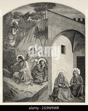 The agony in the garden. Agony of Jesus Christ in Gethsemane, the apostles sleep, Martha and the Virgin Mary watch and pray. Fresco by Fra Angelico from the Convent of San Marcos Florence 15th century. Old 19th century engraved illustration from Jesus Christ by Veuillot 1881 Stock Photo