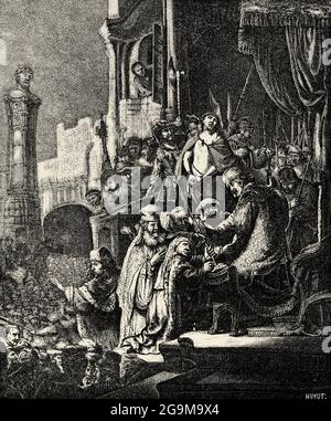 Jesus before Pilate. Old 19th century engraved illustration from Jesus Christ by Veuillot 1881 Stock Photo