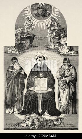The Triumph of Saint Thomas Aqinas over the Heretics. Old 19th century engraved illustration from Jesus Christ by Veuillot 1881 Stock Photo