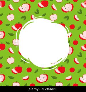 Round white label for text on green background with Bright red apples and leaves. Swirling green pattern with apples. Vector template design. Stock Vector