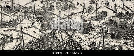 Battle of Lepanto. Old 19th century engraved illustration from Jesus Christ by Veuillot 1881 Stock Photo