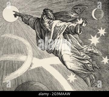 Genesis, the Beginning. God said, let there be lights in the vault of the sky to separate the day from the night, and let them serve as signs to mark sacred times, and days and years, 15 and let them be lights in the vault of the sky to give light on the earth. Sacred biblical history Old Testament. Old engraving from the book Historia Sagrada 1920 Juan Lagui Lliteras Stock Photo