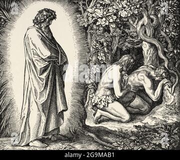 Genesis. The Fall of Man, Adam and Eve in the Garden of Eden. Sacred biblical history Old Testament. Old engraving from the book Historia Sagrada 1920 Juan Lagui Lliteras Stock Photo