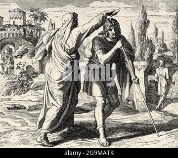 Saul is anointed king. Samuel pulled out a knob with oil and spilled it on Saul head. Samuel book. Sacred biblical history Old Testament. Old engraving from the book Historia Sagrada 1920 Juan Lagui Lliteras Stock Photo