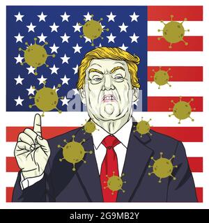Donald Trump Presidential Canditates Debate Campaign with Coronavirus Covid-19 Icon and American Flag Background. Vector Cartoon Caricature Stock Vector