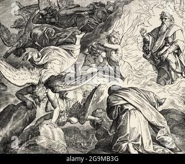 The Lord appears to Elijah on Mount Horeb, Sinai. Kings book. Sacred biblical history Old Testament. Old engraving from the book Historia Sagrada 1920 Juan Lagui Lliteras Stock Photo