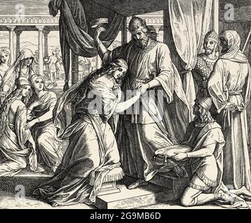 The Book of Esther from the Holy Bible, illustrated inside a magnifying ...