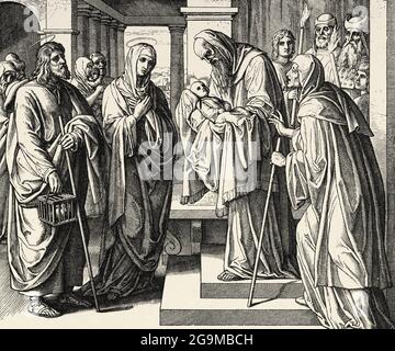 Representation of Jesus in the temple. The presentation of Jesus and the praise of Simeon and Anna. Luke book, New Testament Sacred biblical history. Old engraving from the book Historia Sagrada 1920 Juan Lagui Lliteras Stock Photo