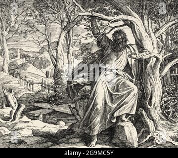 Judas desperation. Judas Iscariot the traitor hangs himself in a tree. Matthew book, New Testament Sacred biblical history. Old engraving from the book Historia Sagrada 1920 Juan Lagui Lliteras Stock Photo