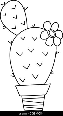 Black and white blooming cactus in a pot. Beautiful domestic plant. Coloring book page for adults and kids. Vector illustration for handmade gift card Stock Vector