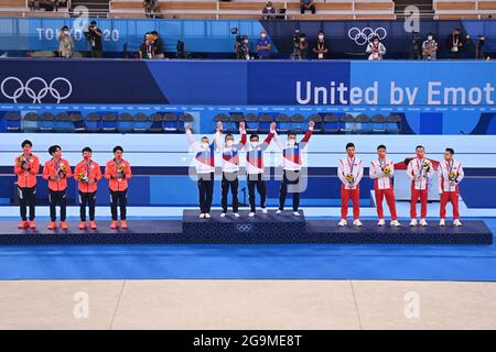 Award ceremony, from left China (CHN), with Xiao RUOTENG (CHN), LIN Chaopan (CHN), ZOU Jingyuan (CHN) and SUN Wei (CHN), 2nd place, silver medal, silver medal, silver medalist, silver medalist, Russian Olympic Comwithtee (ROC), with David BELYAVSKIY (ROC), Nikita NAGORNYY (ROC), Artur DALALOYAN (ROC), Denis ABLIAZIN (ROC), winner, winner, Olympic champion, 1st place, gold medal, gold medalist, Olympic champion, gold medalist and Japan (JPN) with Takeru KITAZONO (JPN), Daiki HASHIMOTO (JPN), Wataru TANIGAWA and Kazuma KAYA (JPN), 3rd place, bronze medal, bronze medal, bronze medalist, bronze me Stock Photo