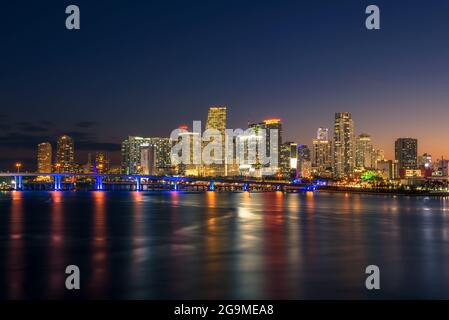 Downtown Miami Skyline and Biscayne Bay at night Stock Photo