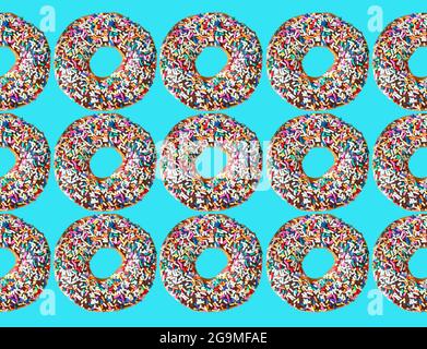 Pattern of chocolate glazed doughnuts with colorful sprinkles on vibrant sky blue background Stock Photo