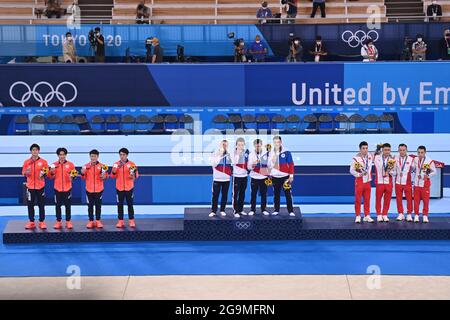 Award ceremony, from left China (CHN), with Xiao RUOTENG (CHN), LIN Chaopan (CHN), ZOU Jingyuan (CHN) and SUN Wei (CHN), 2nd place, silver medal, silver medal, silver medalist, silver medalist, Russian Olympic Comwithtee (ROC), with David BELYAVSKIY (ROC), Nikita NAGORNYY (ROC), Artur DALALOYAN (ROC), Denis ABLIAZIN (ROC), winner, winner, Olympic champion, 1st place, gold medal, gold medalist, Olympic champion, gold medalist and Japan (JPN) with Takeru KITAZONO (JPN), Daiki HASHIMOTO (JPN), Wataru TANIGAWA and Kazuma KAYA (JPN), 3rd place, bronze medal, bronze medal, bronze medalist, bronze me Stock Photo