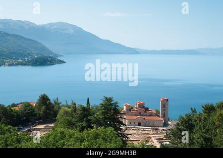 high view of Sveti Kliment Church on majestic Ohrid lake, Republic of Macedonia Stock Photo