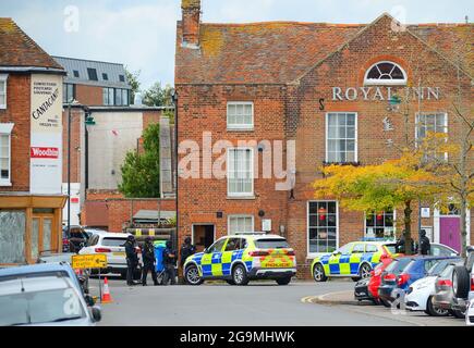 armed police with specialist equipment attend the scen of an incident in Canterbury, Kent Stock Photo