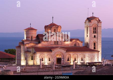 night view of Saint Panteleimon monastery situated on Plaosnik in Old Ohrid, Republic of Macedonia Stock Photo