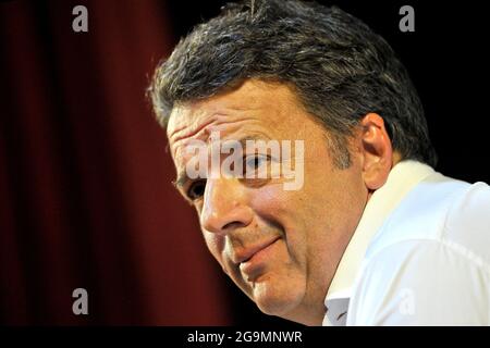 Matteo Renzi member of the senate of the Italian Republic, during the presentation of his book 'Controcorrente', at the Augusteo theater in Naples. Stock Photo