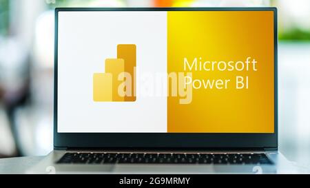 POZNAN, POL - JUL 3, 2021: Laptop computer displaying logo of Power BI, a business analytics service by Microsoft Stock Photo