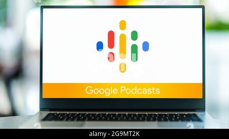 POZNAN, POL - JUL 10, 2021: Laptop computer displaying logo of Google Podcasts, a podcast application developed by Google Stock Photo