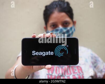 KOLKATA, INDIA - Jul 26, 2021: In this photo illustration the Seagate Technology logo is displayed on a smartphone. Stock Photo