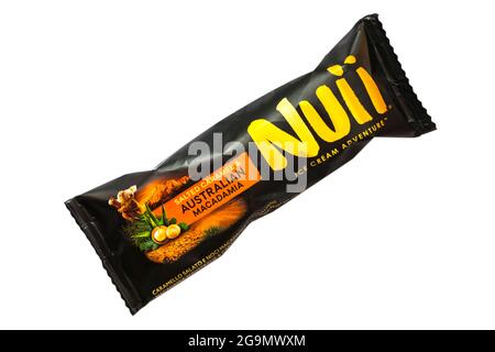 Nuii ice cream adventure salted caramel & Australian Macadamia ice cream isolated on white background Stock Photo