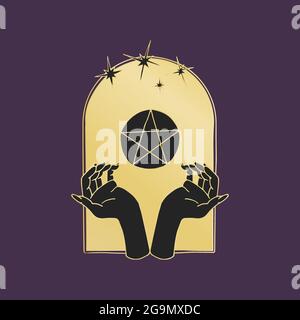 Vintage Mystic hands and 5 rays star inside arch Stock Vector