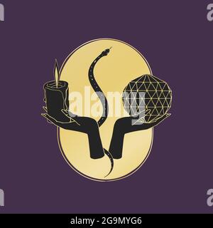 Vintage Mystic Hands holding lit candle and crystal ball on oval, with a small snake. Stock Vector