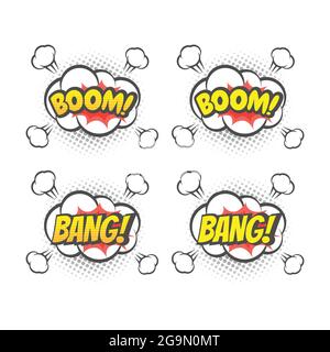 Boom and bang explosion colorful vector cartoon. Bang! Boom! text lettering comic. Stock Vector