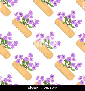 Seamless pattern with sticking plasters and purple flowers. Medical patch repeat texture. Stock Vector
