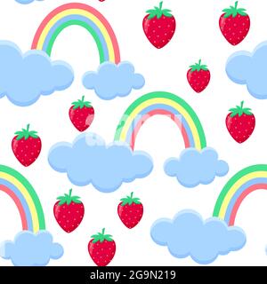 Pattern strawberry falls from the clouds on a background of rainbows, vector Stock Vector