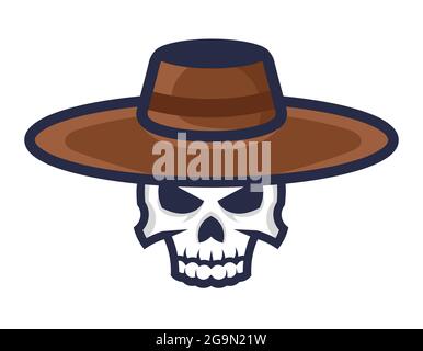Skull in cowboy hat. Symbol of Wild West in cartoon style. Stock Vector