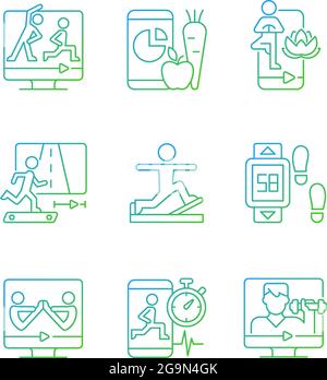 Online fitness classes gradient linear vector icons set. Stock Vector