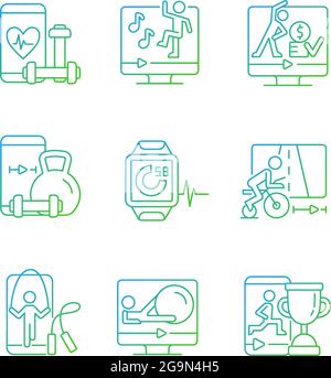 Online fitness training apps gradient linear vector icons set. Stock Vector