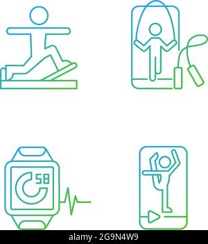 Online fitness gymnastic trends gradient linear vector icons set. Stock Vector