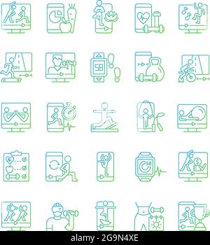 Online fitness apps possibilities gradient linear vector icons set. Stock Vector